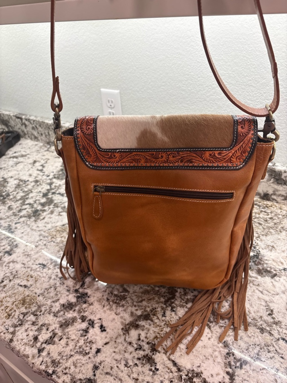 Fringe Cowhide Crossbody Bag in Brown and Cream - Picture 2 of 2
